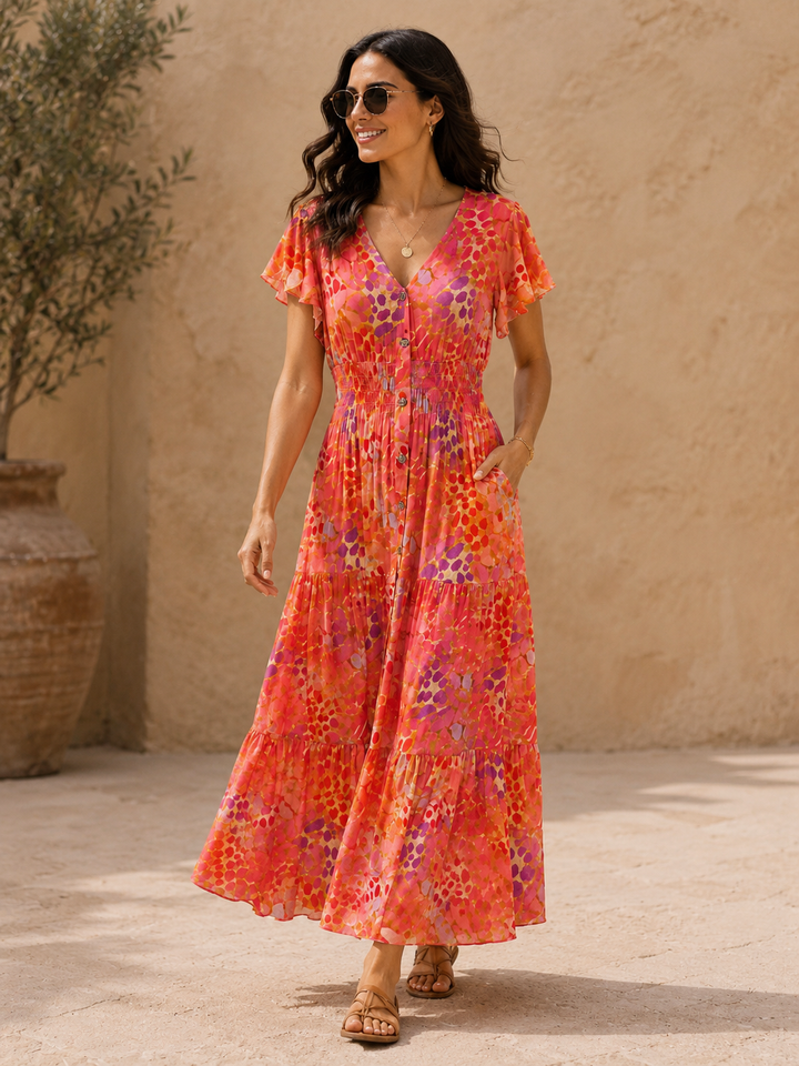 Claudia Leopard Shirred Maxi Dress Coral