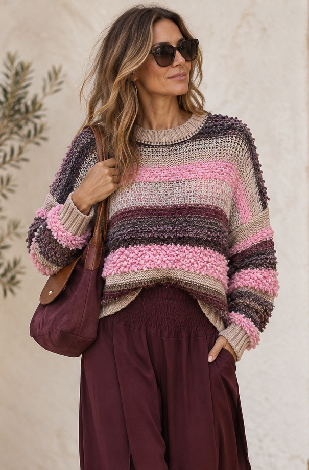 Popcorn Stripe Wool Blend Jumper Pink