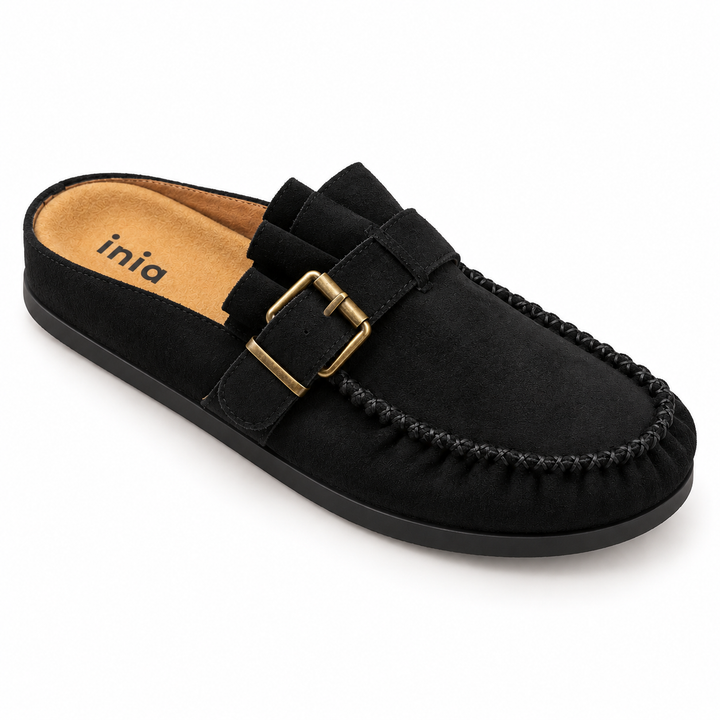 Black Buckle Moccasin Mules