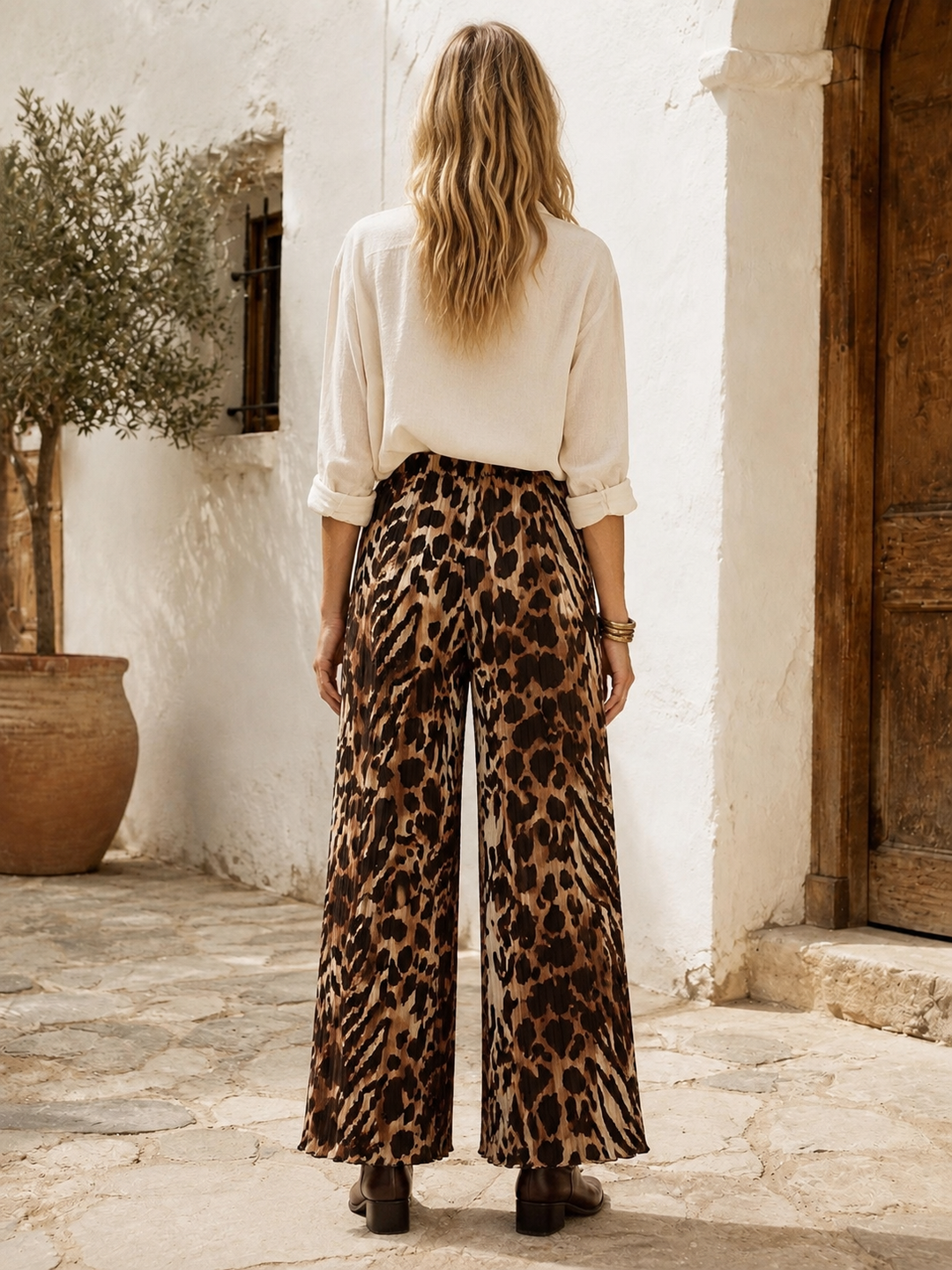 Leopard Print Pleat Trousers Chocolate
