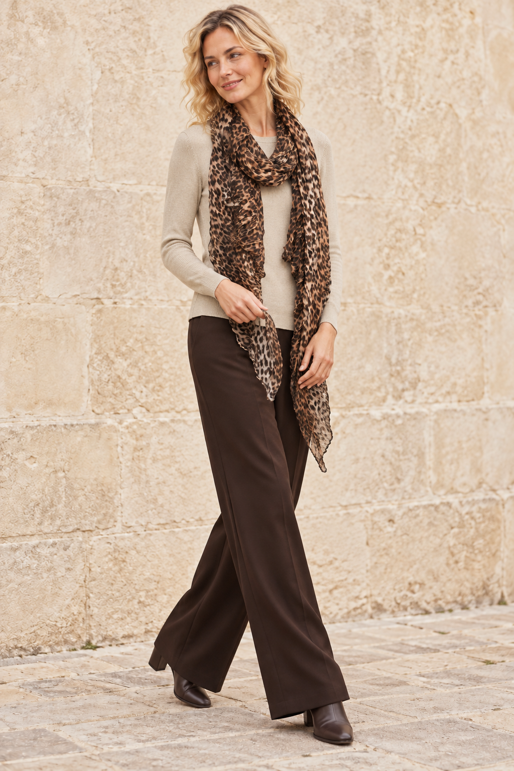 Leopard Scarf & Jumper Set Beige
