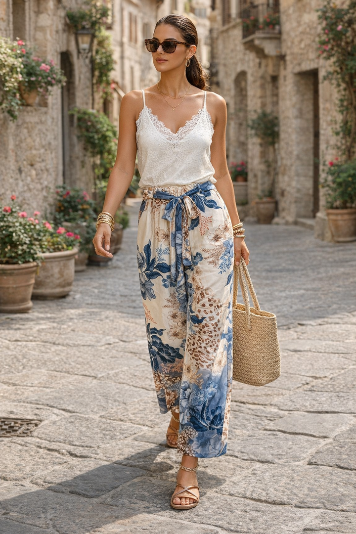 Gabriella Floral Silky Trousers Navy