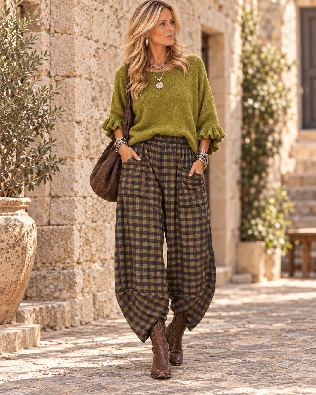 Rosana Checked Barrel Leg Trousers Khaki