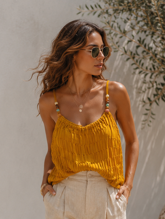 Crinkle Beaded Cami Mustard