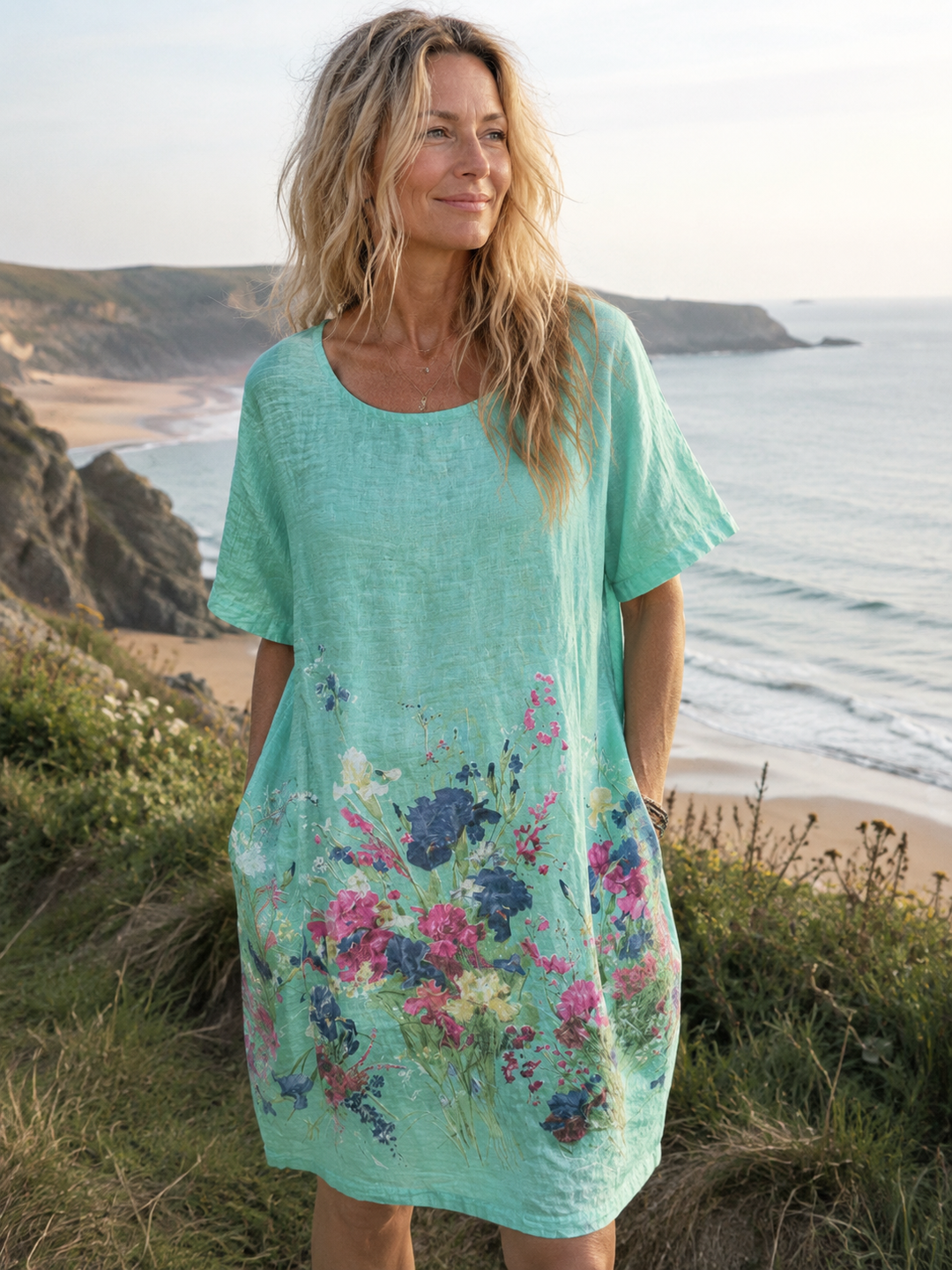 Summer Bloom Linen Tunic Dress Mint