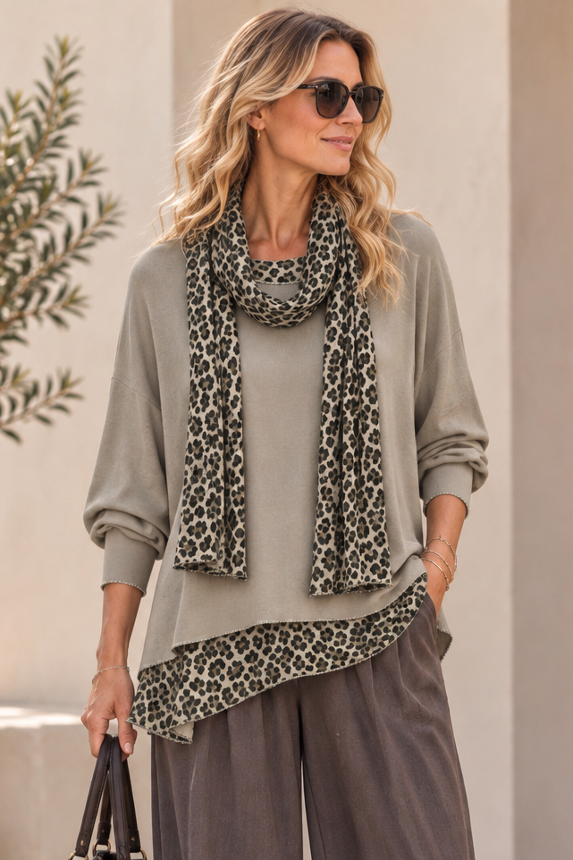 Gia Leopard Top & Scarf Set Greige