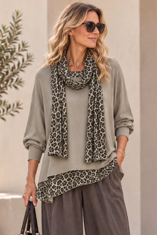 Gia Leopard Top & Scarf Set Greige