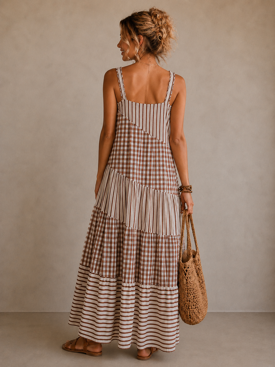 Patchwork Tiered Maxi Dress Chocolate