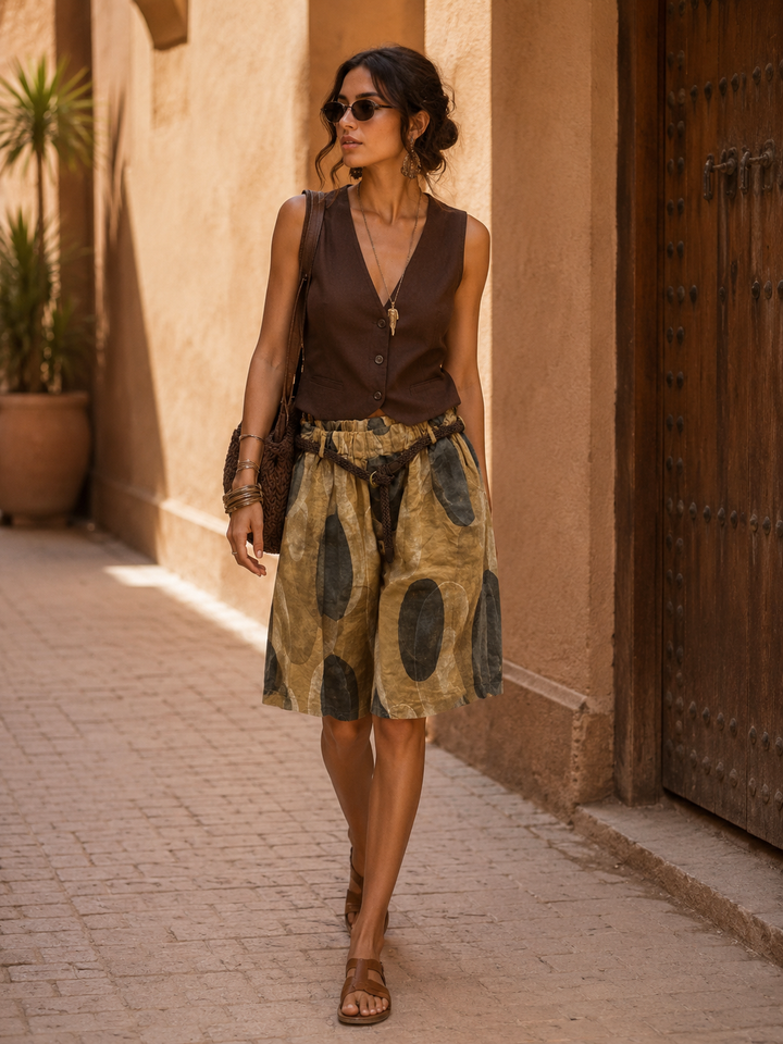 Luna Abstract Linen Culottes Coffee