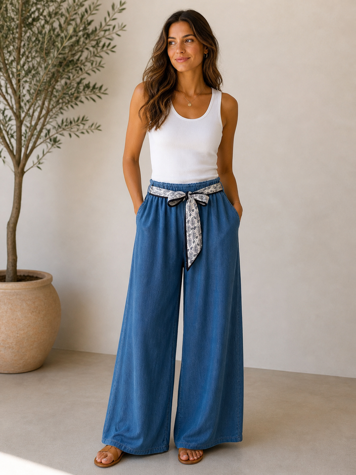 Paisley Tie Belt Trousers Dark Denim