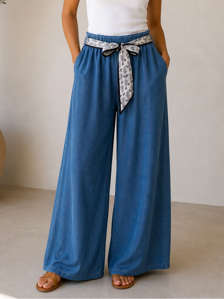 Paisley Tie Belt Trousers Dark Denim