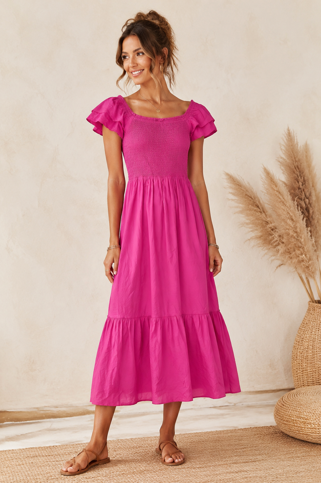 Bardot Smock Dress Midi Fuchsia