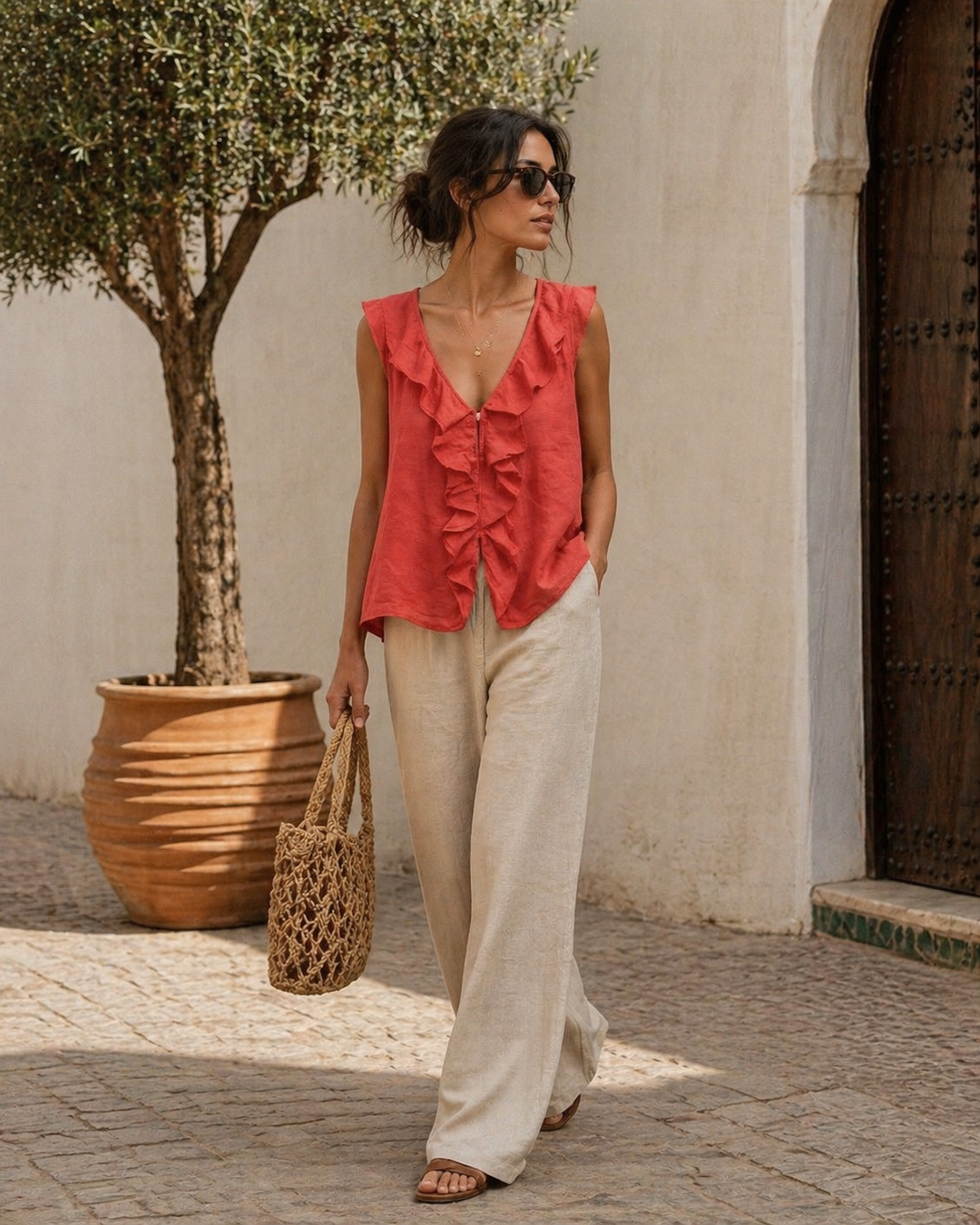 Lorenza Linen Ruffle Top Deep Coral