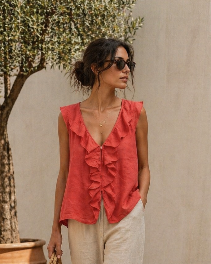 Lorenza Linen Ruffle Top Deep Coral