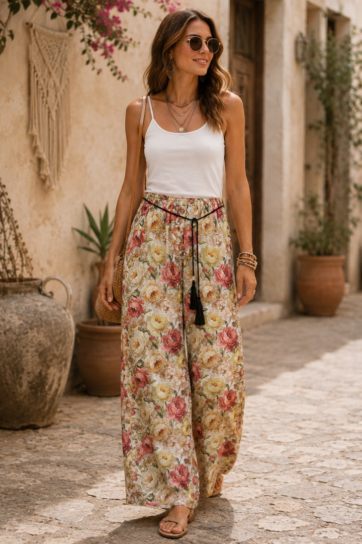 Posie Floral Print Silky Trouser Cream