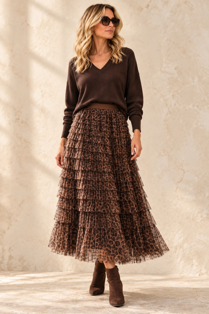 Seraphina Leopard Ruffle Skirt Chocolate