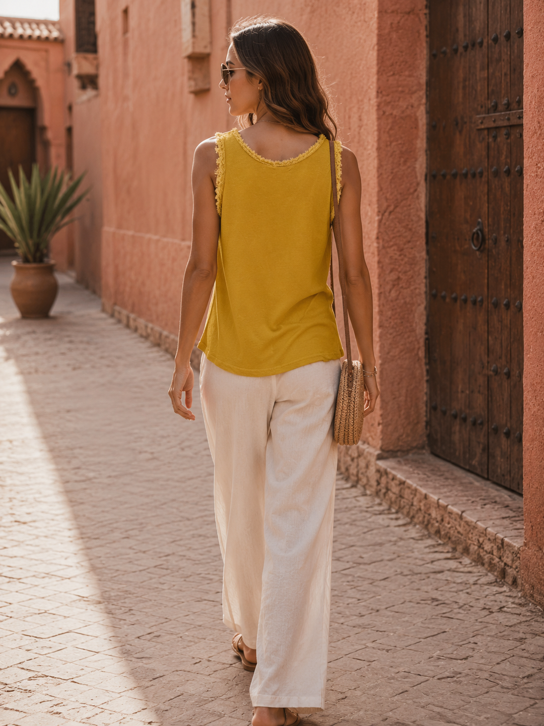 Frayed Edge Cotton Vest Top Mustard