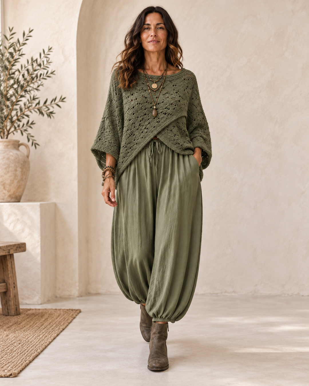 Cora Cross Open Knit Jumper Khaki