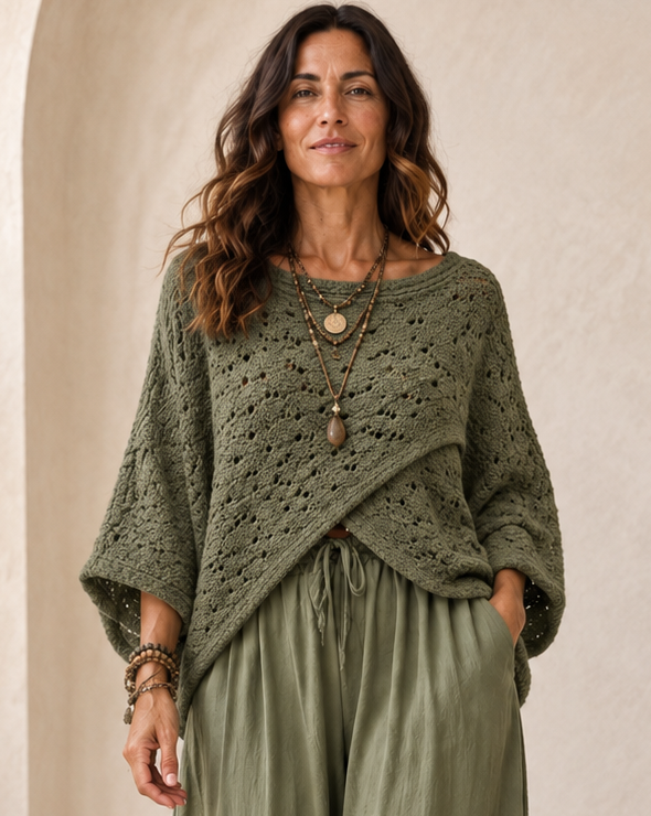 Cora Cross Open Knit Jumper Khaki