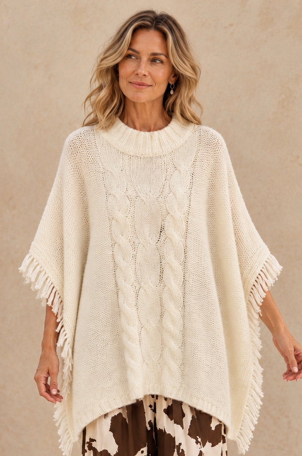 Chelsea Cable Knit Poncho Cream