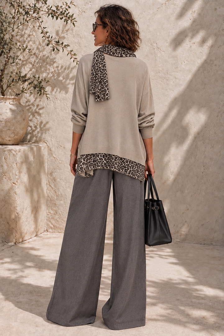 Gia Leopard Top & Scarf Set Greige