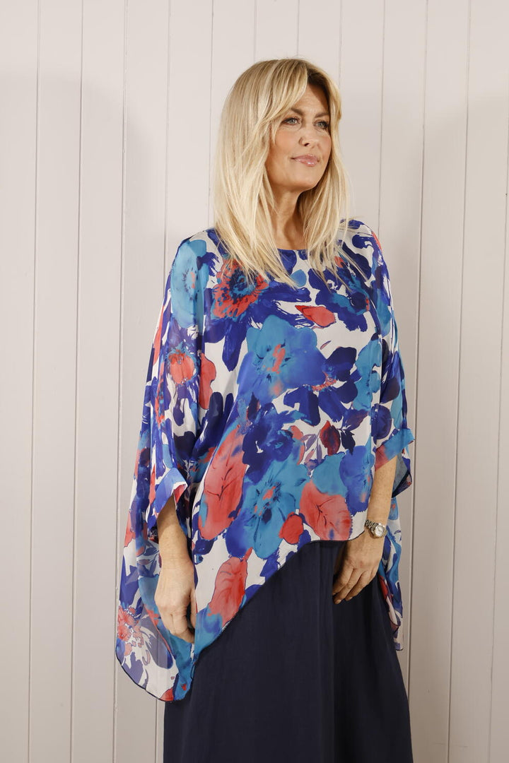 Silk Large Flower Top Navy