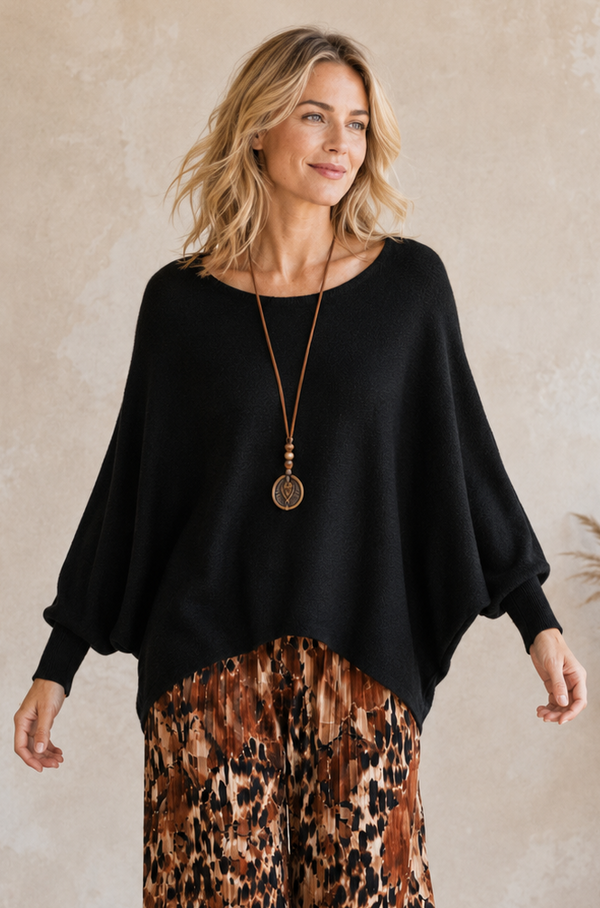 Mila Soft Knit Batwing Jumper Black