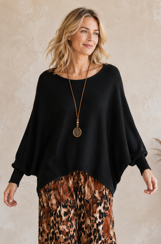 Mila Soft Knit Batwing Jumper Black