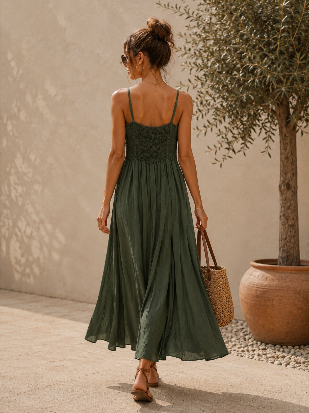 Zara Shirred Maxi Dress Khaki