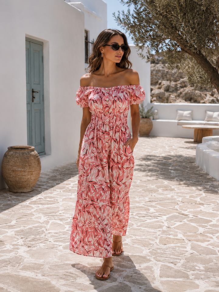 Inez Leaf Print Maxi Dress Pink