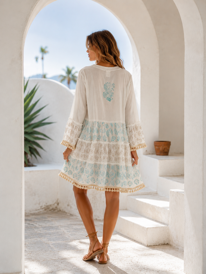 Amina Paisley Cotton Tunic Dress Turquoise
