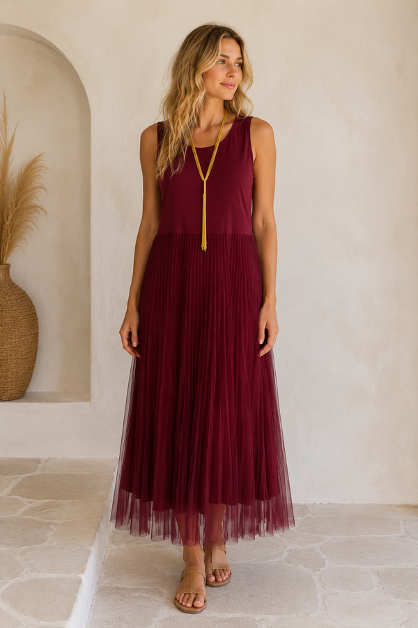 Marie Pleat Voil Dress Claret