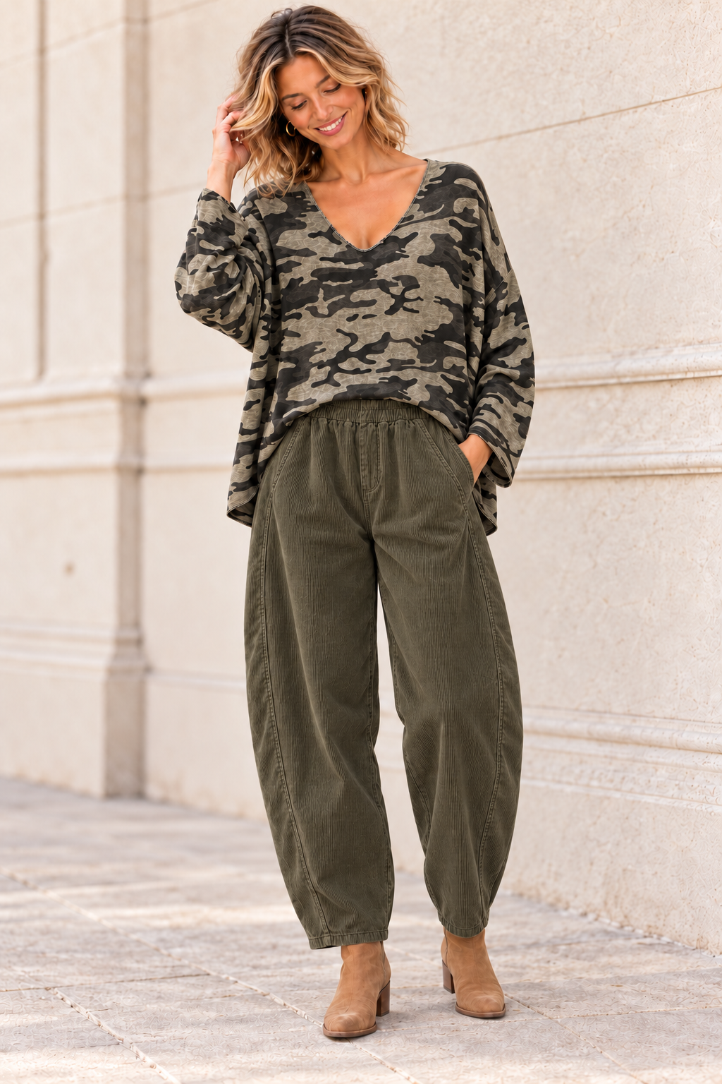 Tamara Needlecord Barrel leg Trouser Olive