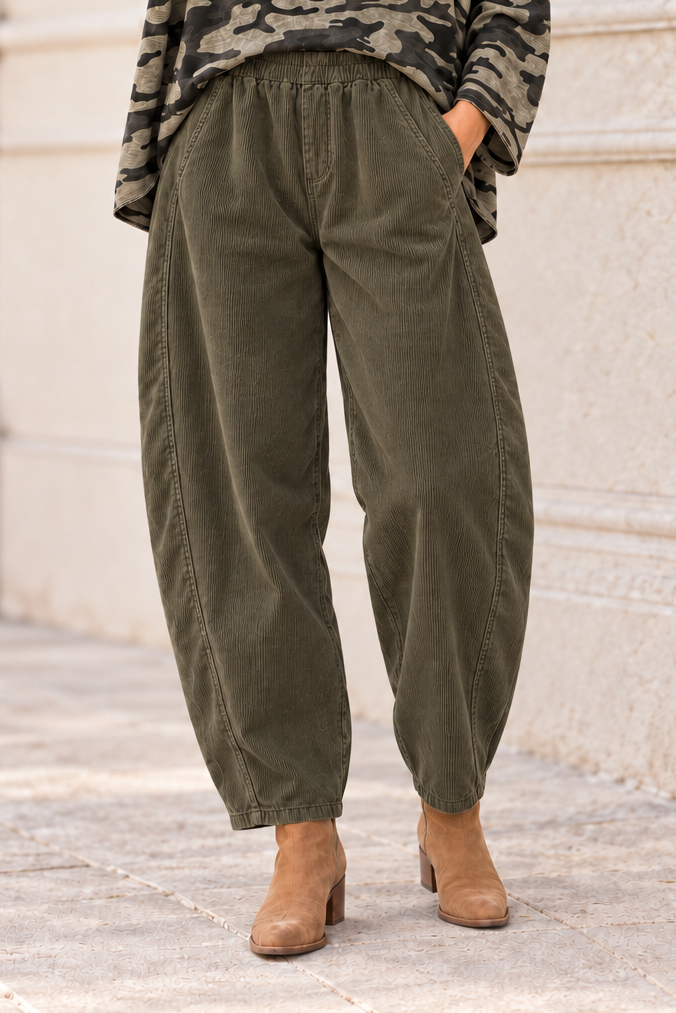 Tamara Needlecord Barrel leg Trouser Olive