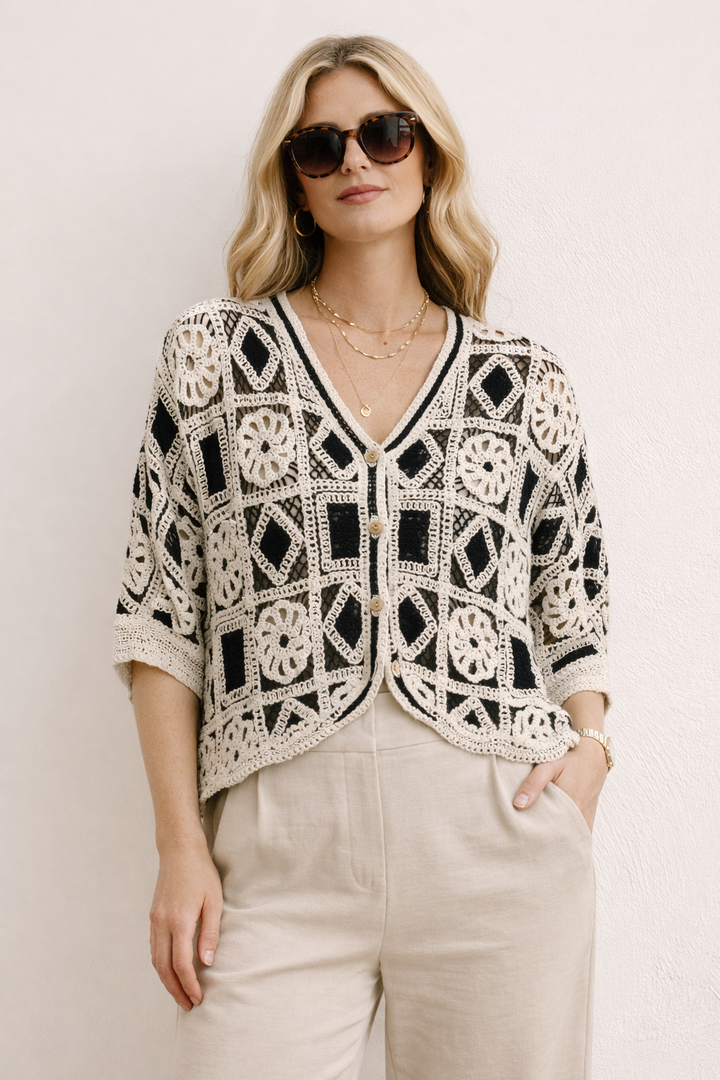 Judy crochet cardigan Beige/Black