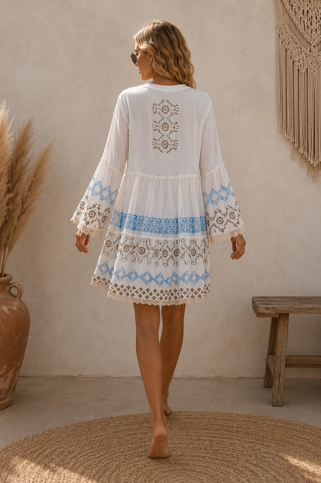 Zahara Embroidered Cotton Tunic Dress Blue