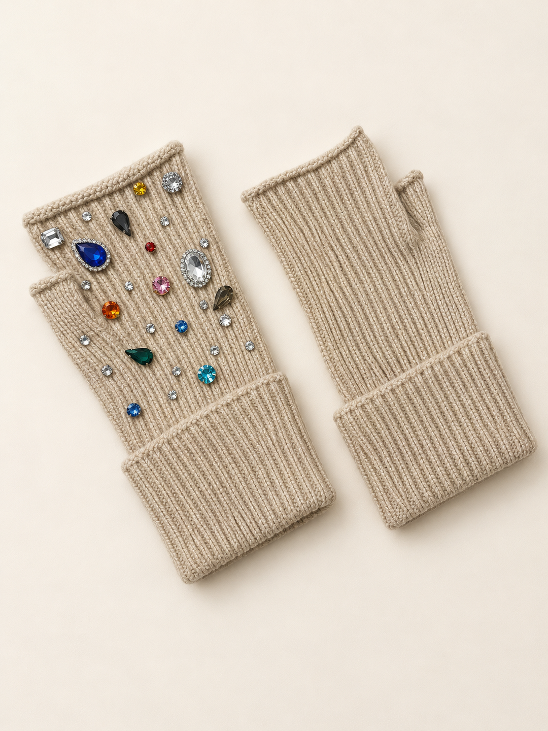 Embellished Fingerless Gloves Beige