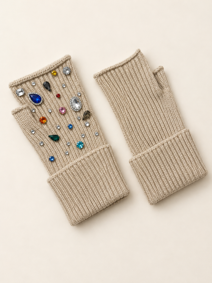 Embellished Fingerless Gloves Beige