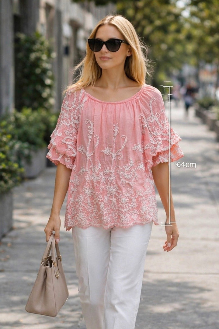 Aya Embroidered Bardot Top Pink