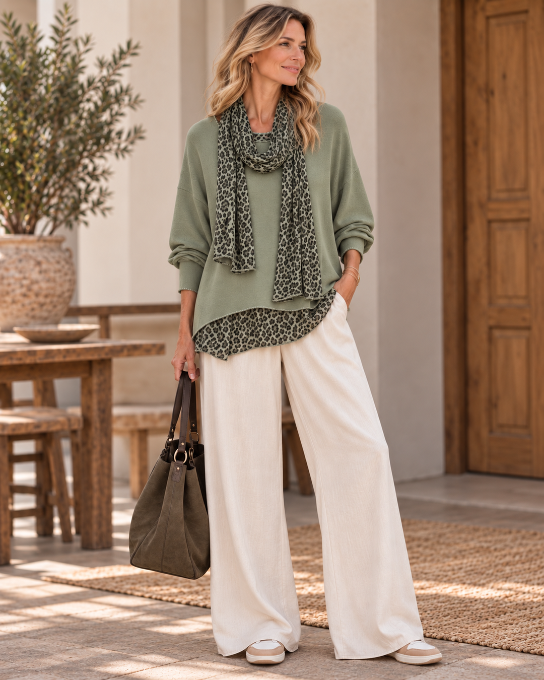 Gia Leopard Top & Scarf Set Sage