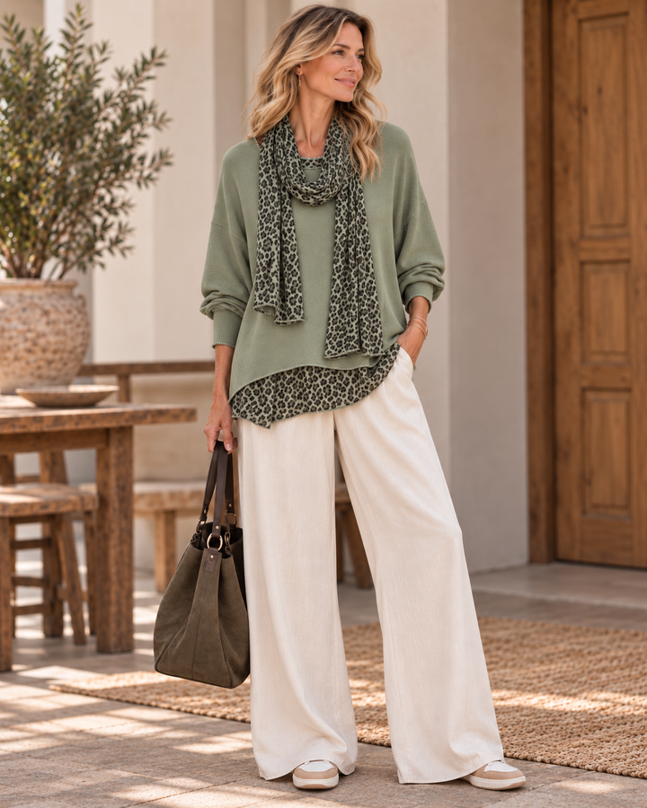 Gia Leopard Top & Scarf Set Sage
