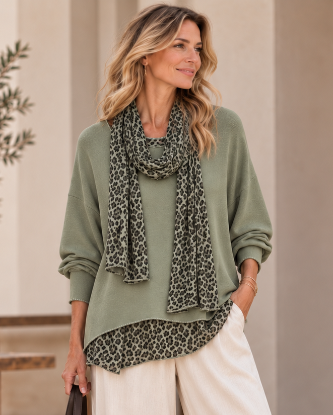 Gia Leopard Top & Scarf Set Sage