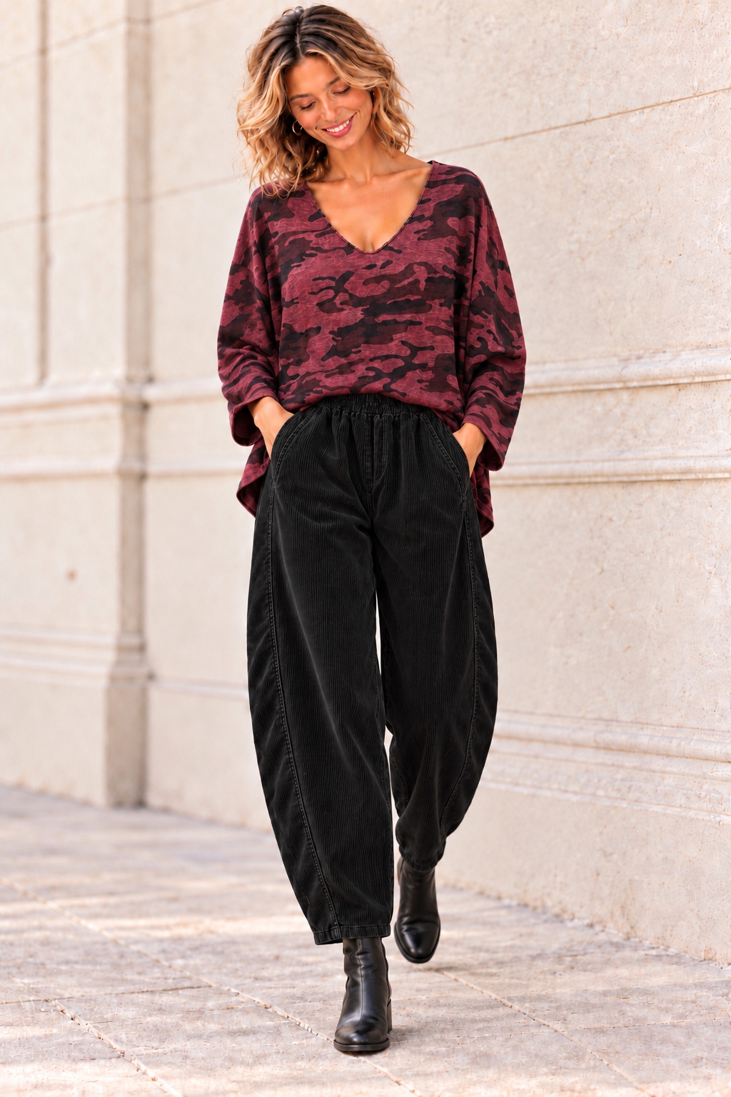 Leona Camo Print Top Wine