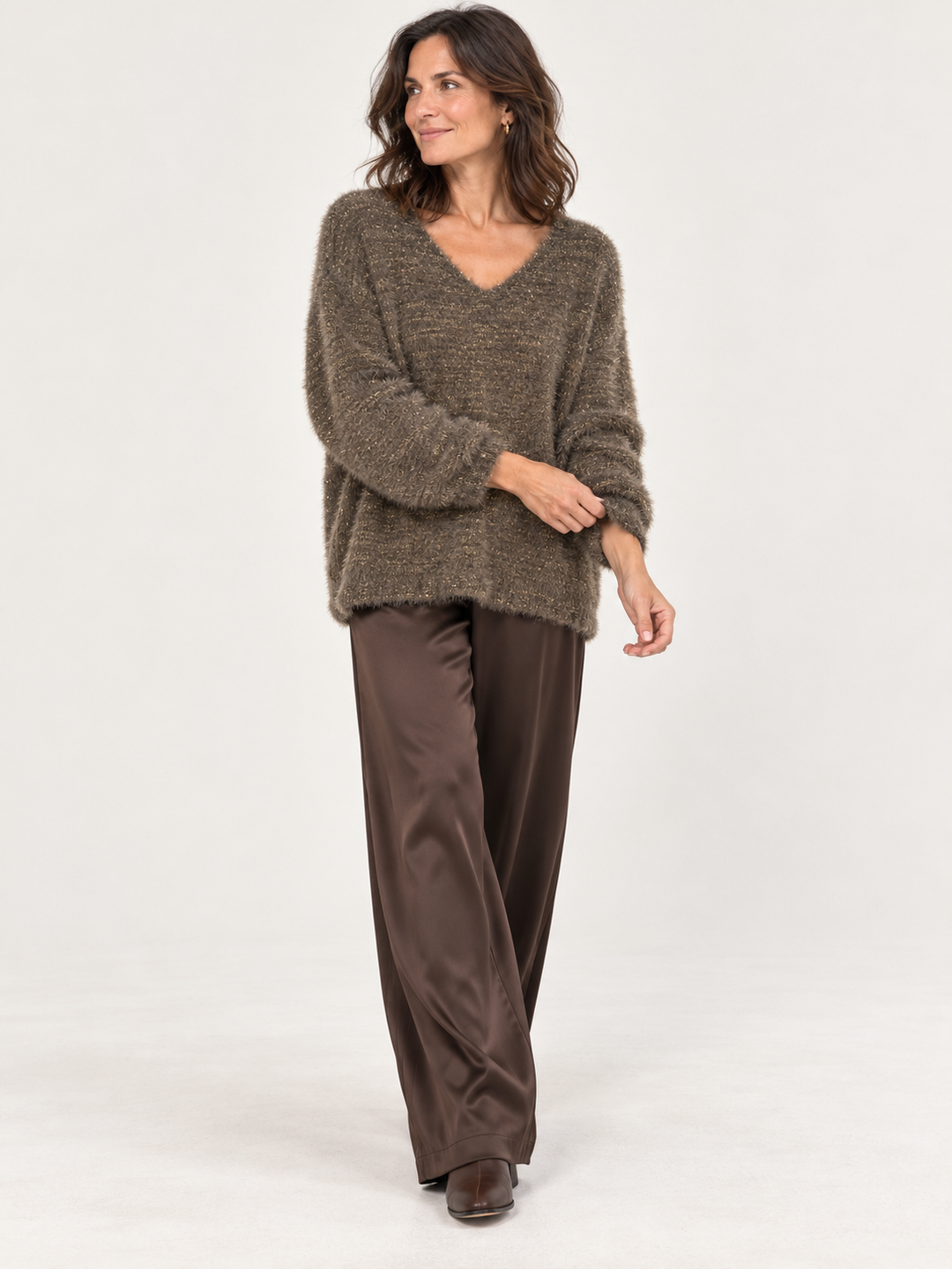 Venezia V Neck Lurex Jumper Chocolate