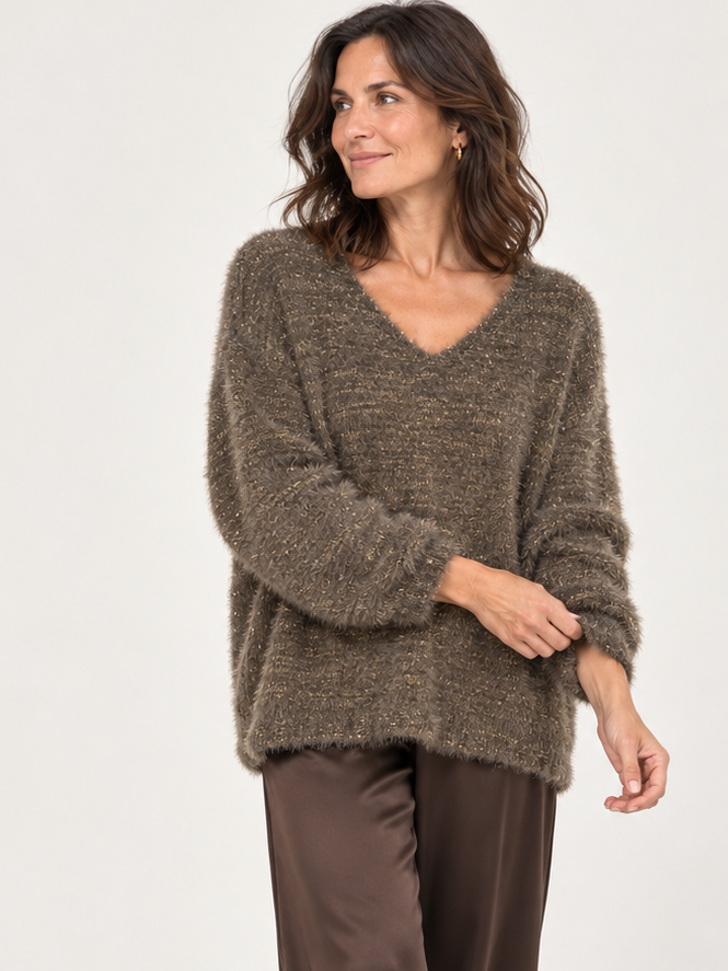 Venezia V Neck Lurex Jumper Chocolate