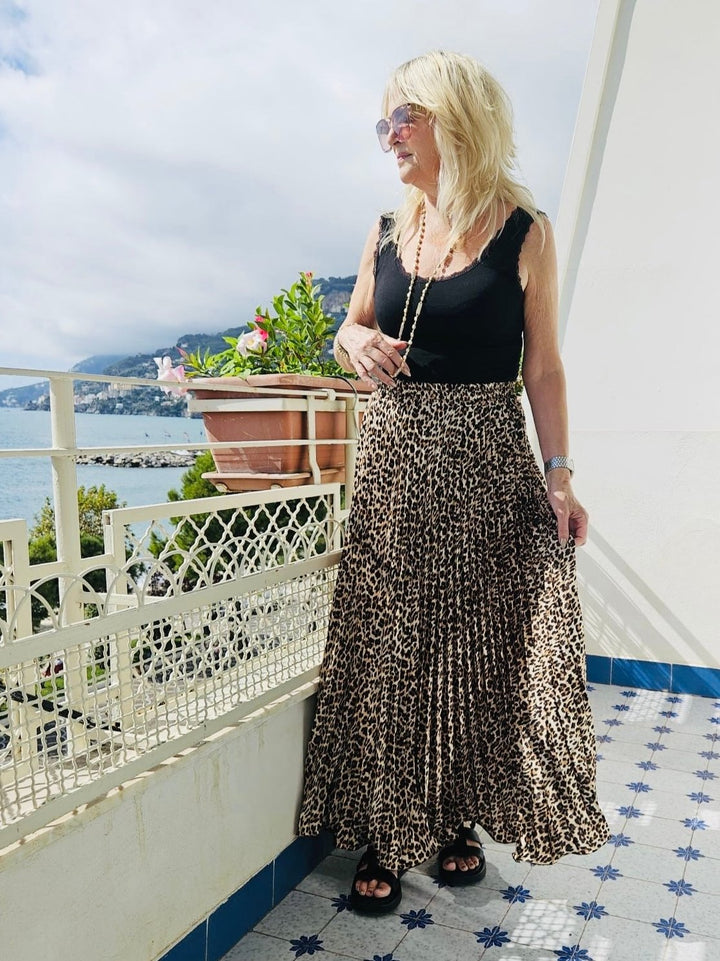 Satin Pleated Skirt Leopard