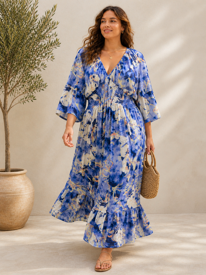 Muriel Watercolour Shirred Maxi Dress Blue