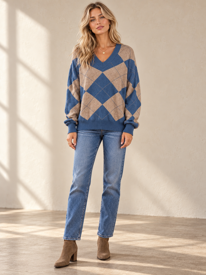 Azura Argyle  V Neck Jumper Blue