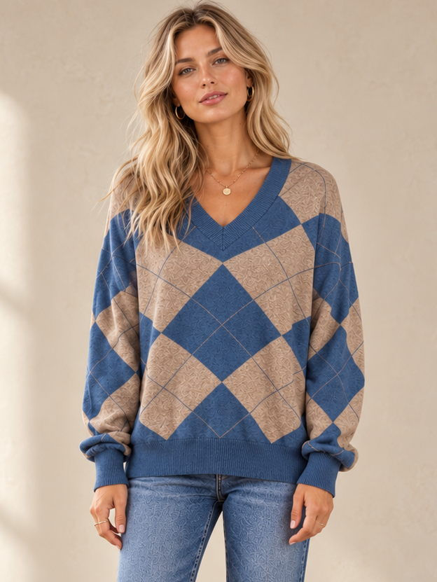 Azura Argyle  V Neck Jumper Blue