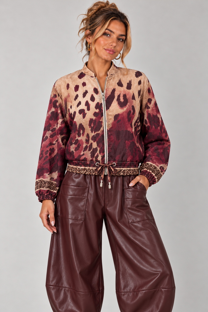 Sabrina Leopard Zip Jacket Burgundy